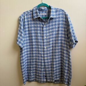 Tommy Bahama Geo Tini Plaid Camp Shirt blue & white Silk Size L